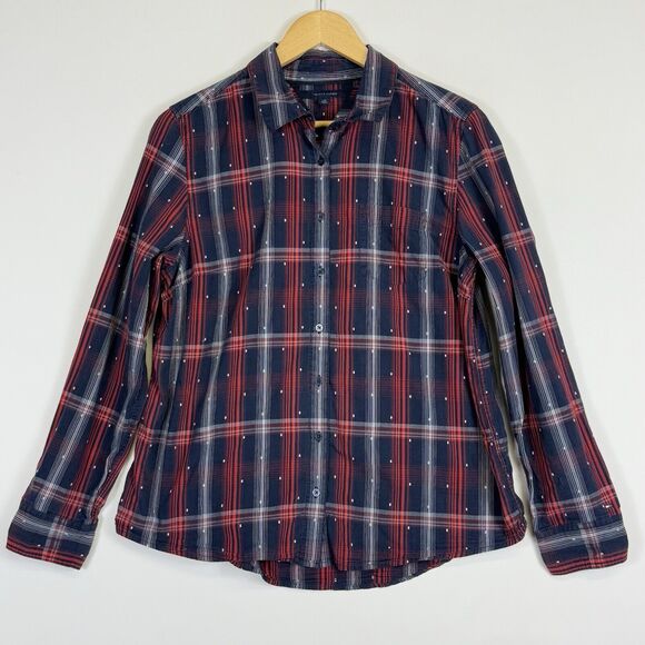 Tommy Hilfiger Red Blue‎ Plaid Dot Long Sleeve Button Up Shirt Top Women's Large - Picture 1 of 8